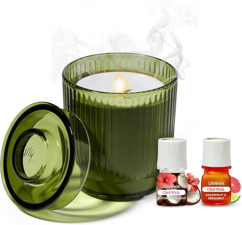 LifeLines Flameless Candle Aromatherapy Essential Oil Diffuser with 2 ClickWick Essential Oil Blends - Cordless & Waterless Diffuser for Home - Scented Electric Candles Blow Out Flame - Olive Jar - Image 1